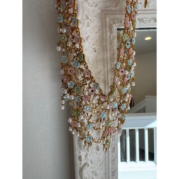 Jose and Maria Barrera Pearl Flower Pink Blue Gold Pastel Necklace Hard to Find - Picture 5 of 5